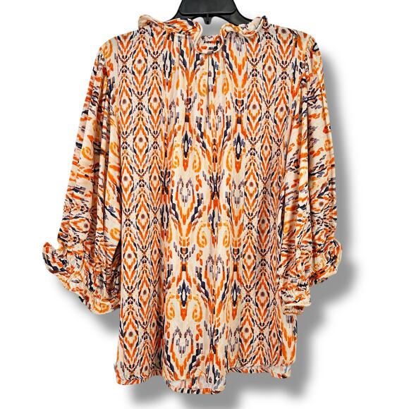 New Democracy Ikat Print Ruffle Collar 3/4 Sleeve Shirt Womens Plus Size 3X - Picture 6 of 8